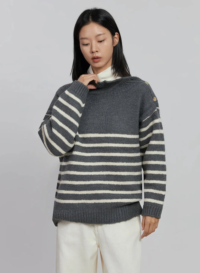 shoulder-cutout-striped-knit-sweater-id504 / Dark gray