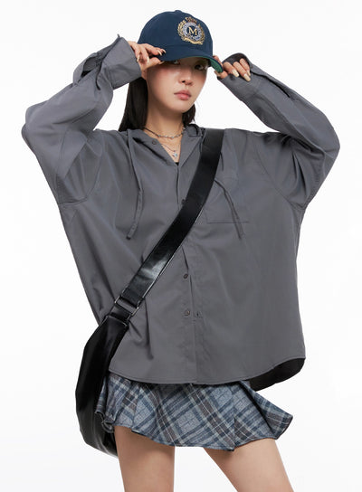 oversized-button-up-hoodie-jacket-is508 / Dark gray