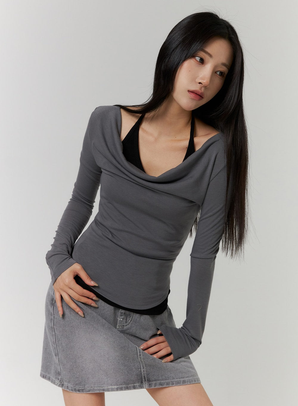 Cowl Neck Long Sleeve Tee CD312 - Korean Women's Fashion | LEWKIN