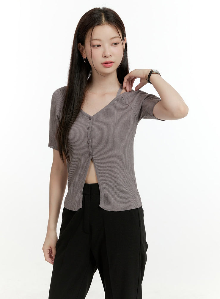 ribbed-knit-v-neck-top-ol423 / Dark gray