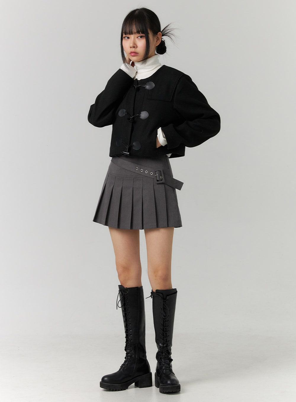 Asymmetrical Belt Pleated Mini Skirt CD308