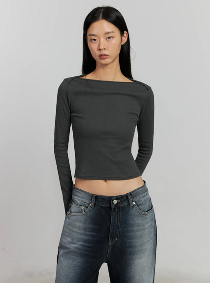 boat-neck-long-sleeve-top-ij505 / Dark gray
