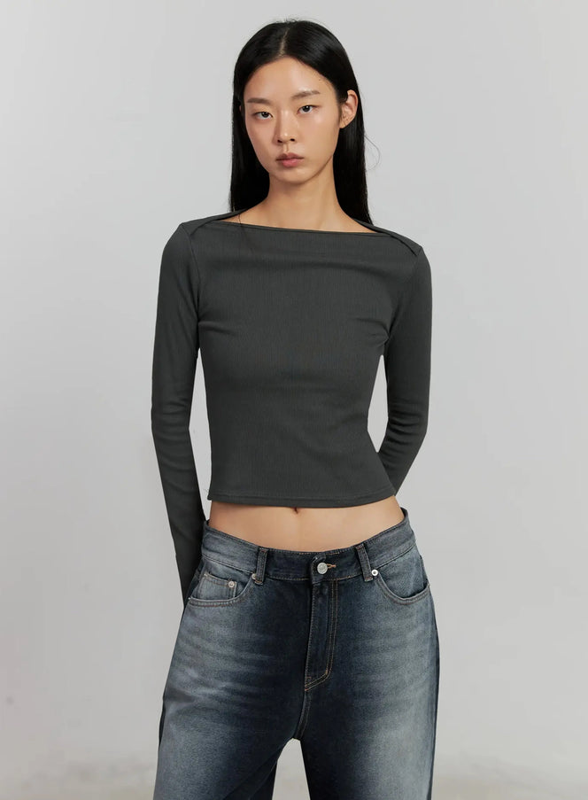 boat-neck-long-sleeve-top-ij505 / Dark gray