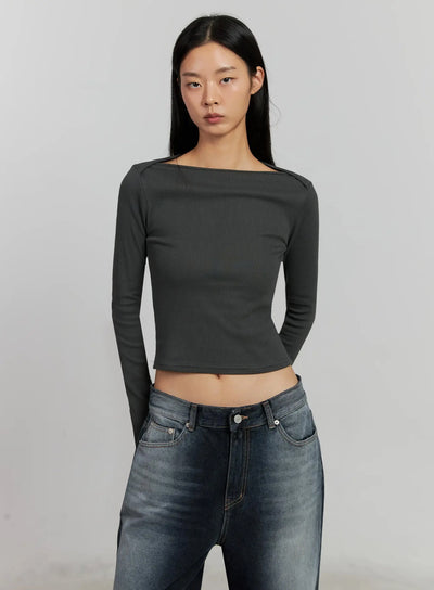 boat-neck-long-sleeve-top-ij505 / Dark gray