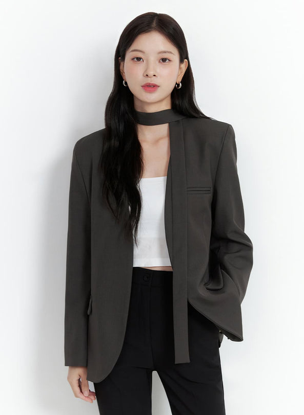 collarless-chic-tie-blazer-jacket-os423 / Dark gray