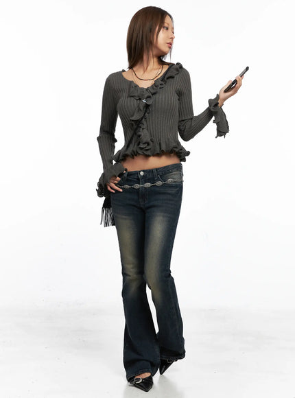 ruffle-trim-slim-fit-cardigan-co510 / Dark gray