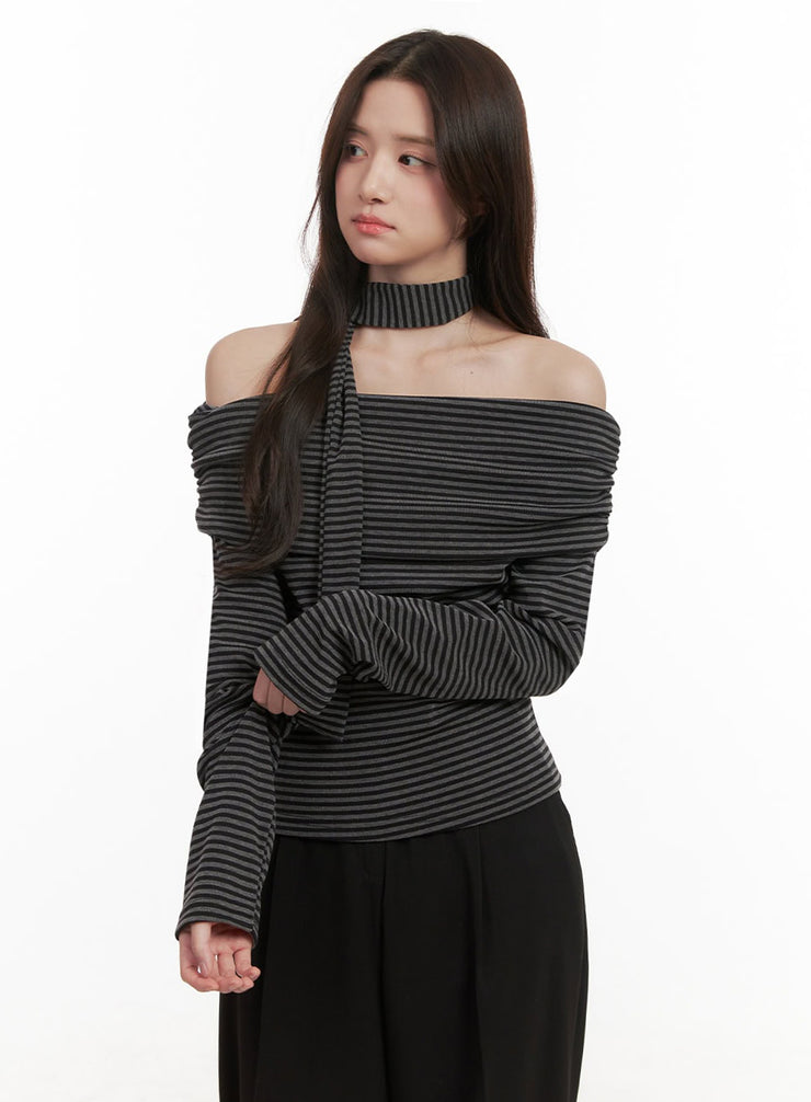 striped-off-shoulder-long-sleeve-top-ij510 / Dark gray