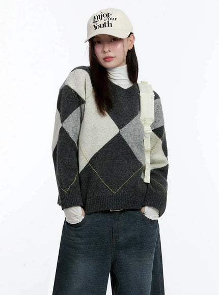 argyle-pattern-knit-sweater-id526 / Dark gray