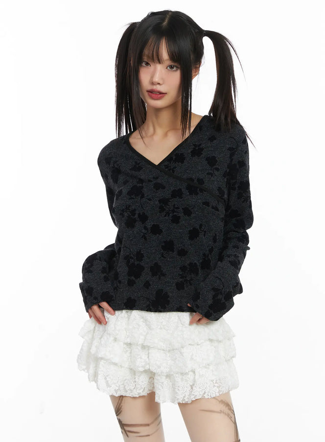 v-neck-floral-wrap-long-sleeve-top-cd518 / Dark gray