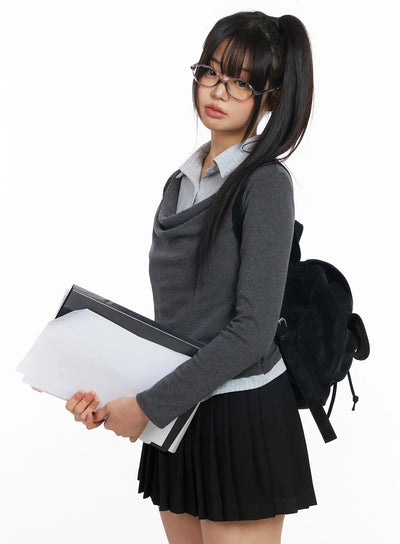 layered-button-up-cowl-neck-long-sleeve-top-cf504 / Dark gray