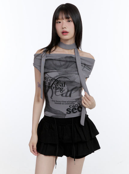 graphic-bliss-off-shoulder-crop-top-cg412 / Dark gray
