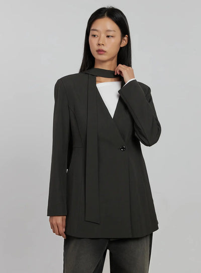 fitted-tie-detail-blazer-ij509 / Dark gray