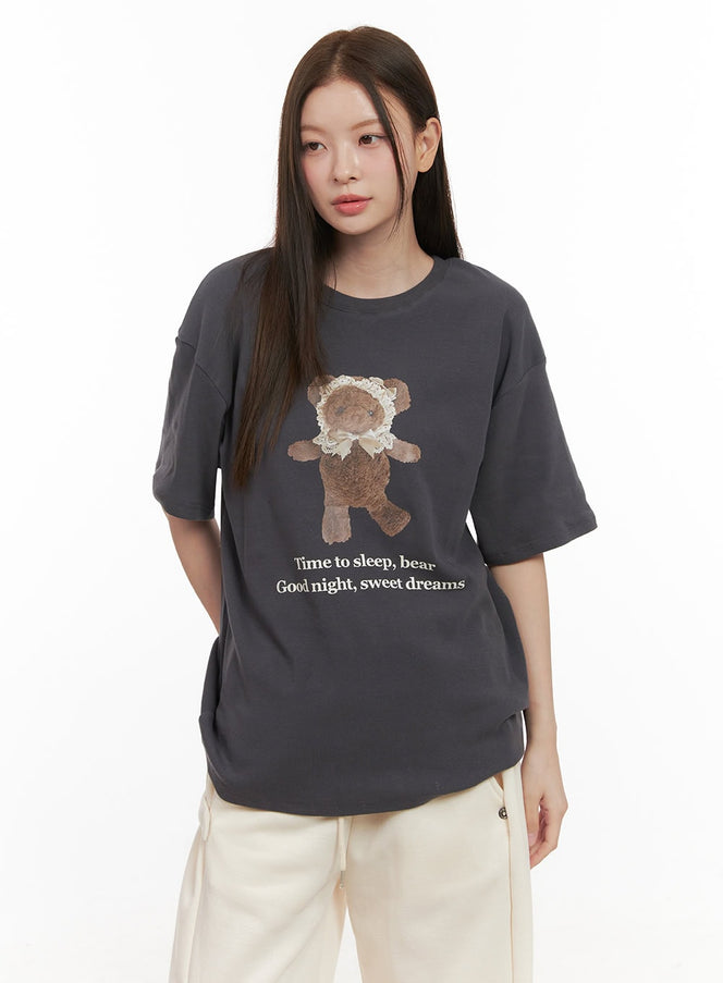 lace-detail-graphic-bear-tee-od412 / Dark gray