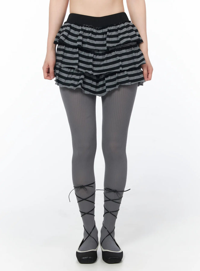 layered-ruffle-striped-skirt-cy506 / Dark gray