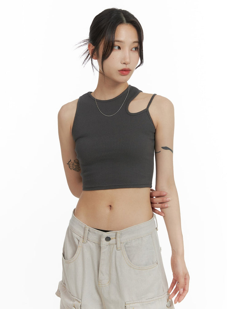 unbalanced-cut-out-crop-cami-top-cm426 / Dark gray