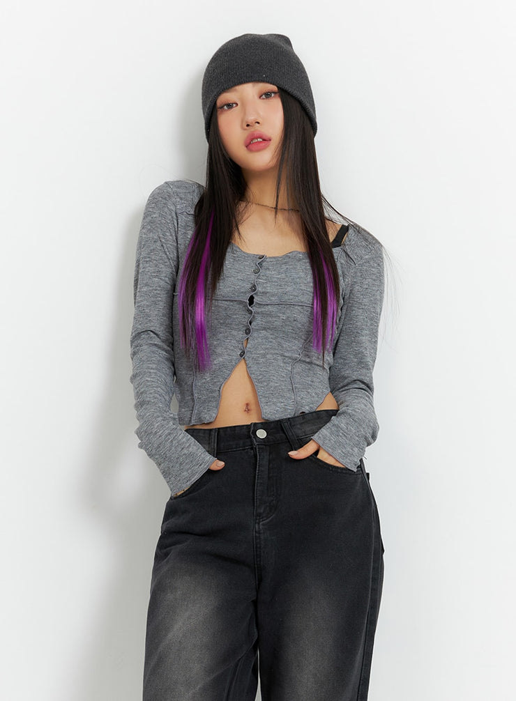 slit-buttoned-crop-top-im405 / Dark gray