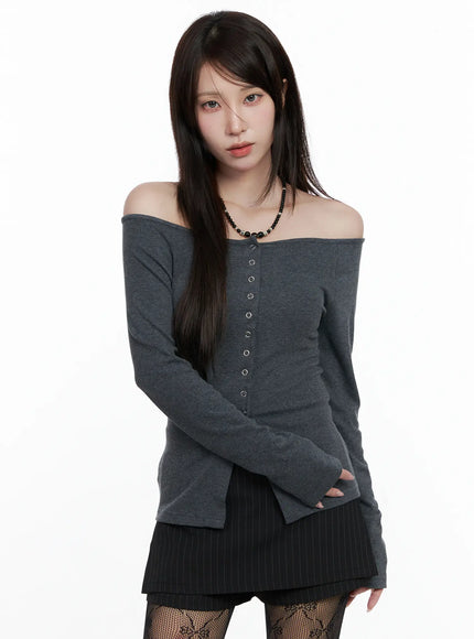 buttoned-off-shoulder-long-sleeve-cardigan-co520 / Dark gray