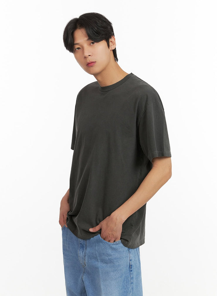 mens-cotton-washed-round-neck-t-shirt-black-iy431 / Dark gray