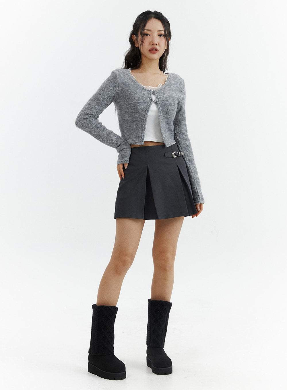 gray-pleated-belted-mini-skirt-cj423 / Dark gray
