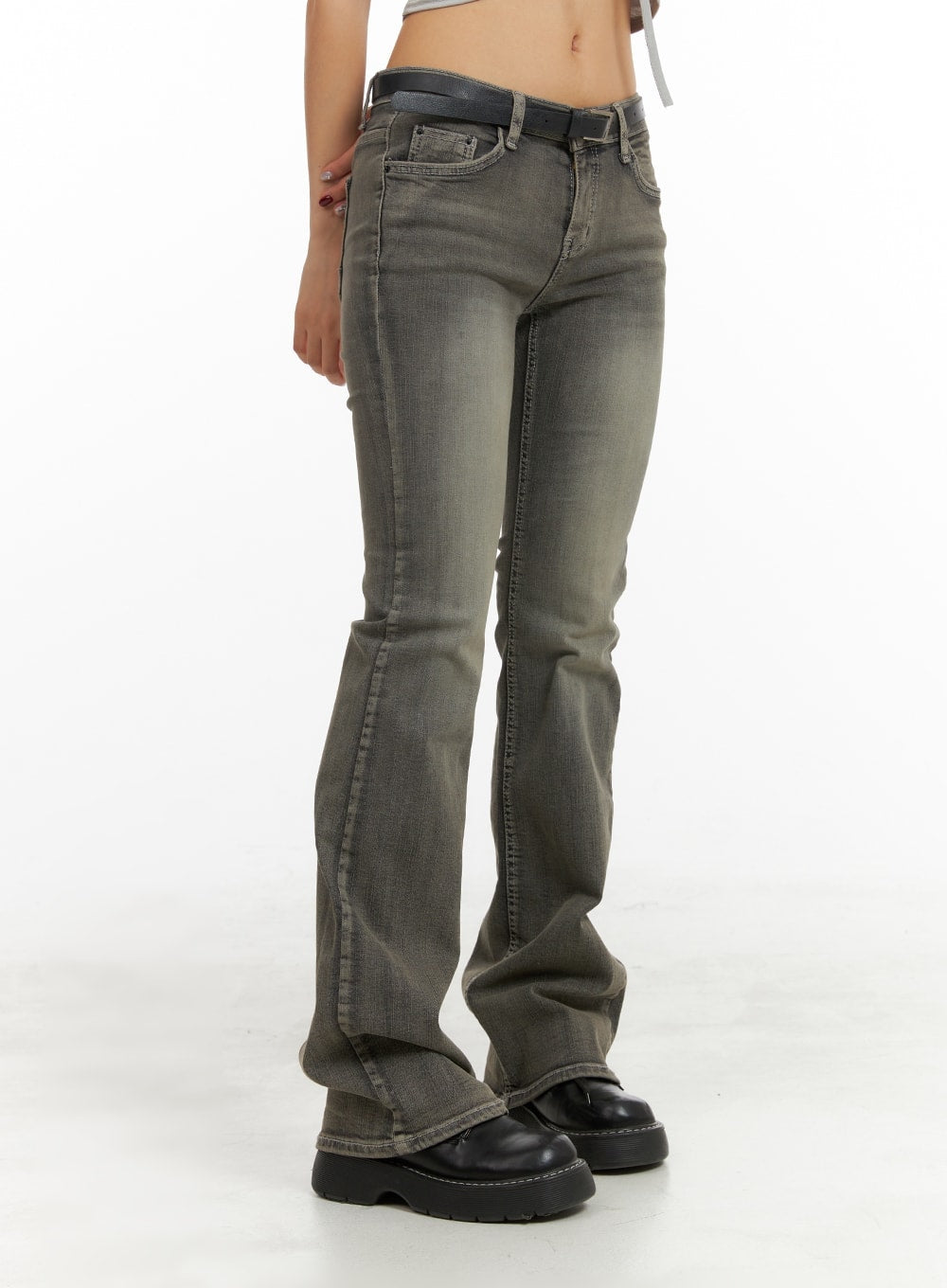 LEWKIN Low Rise Bootcut Jeans CA416 in dark gray, side view on model, slim-fit washed denim with subtle flare hem, paired with black belt and chunky loafers.