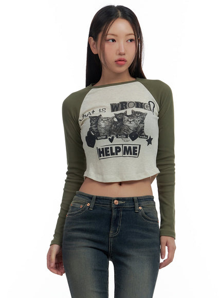 graphic-raglan-cotton-crop-top-cs424 / Dark green