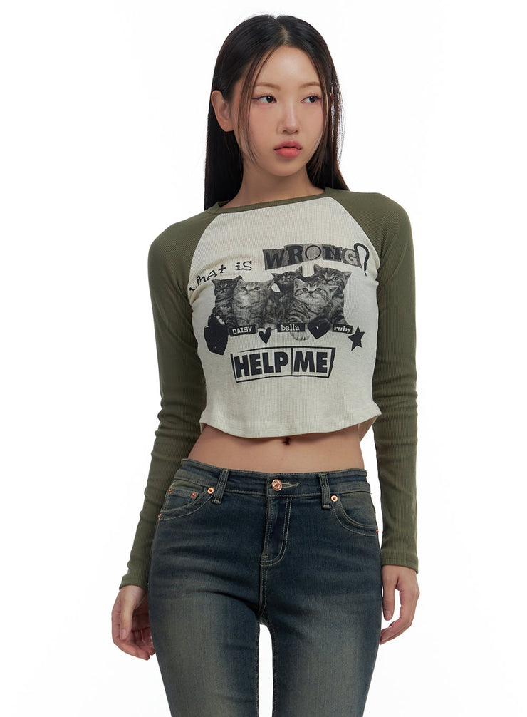 graphic-raglan-cotton-crop-top-cs424 / Dark green