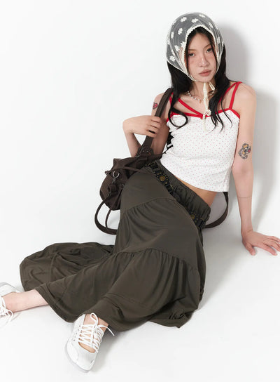 tiered-maxi-skirt-with-drawstring-ca524 / Dark green