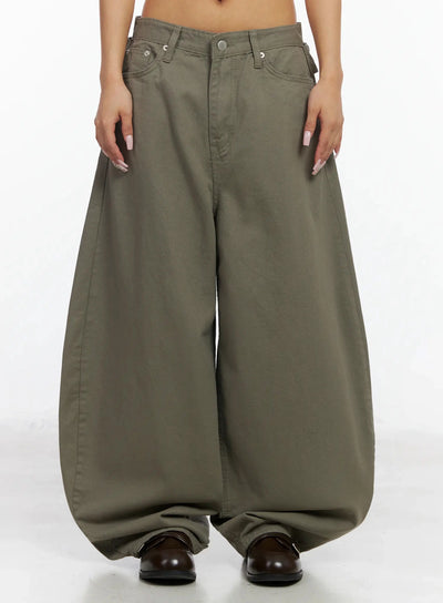 back-corset-belt-wide-leg-cotton-pants-ia527 / Dark green