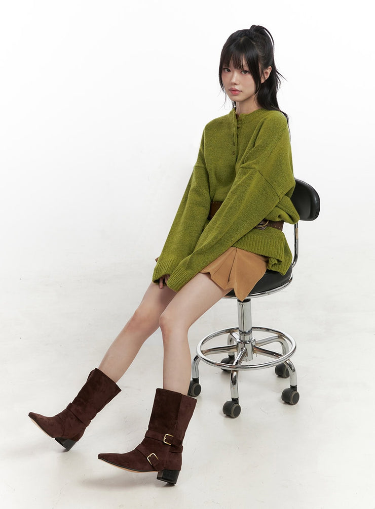 oversized-henley-neck-sweater-in427 / Dark green