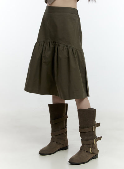 flare-shirring-midi-skirt-cf506 / Dark green