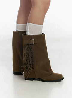 brown-suede-fringe-boots-cf503 / Dark green