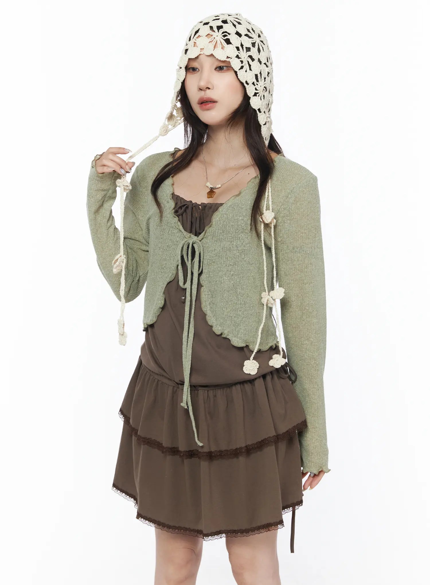 scallop-trim-tie-front-cardigan-cu504 / Dark green