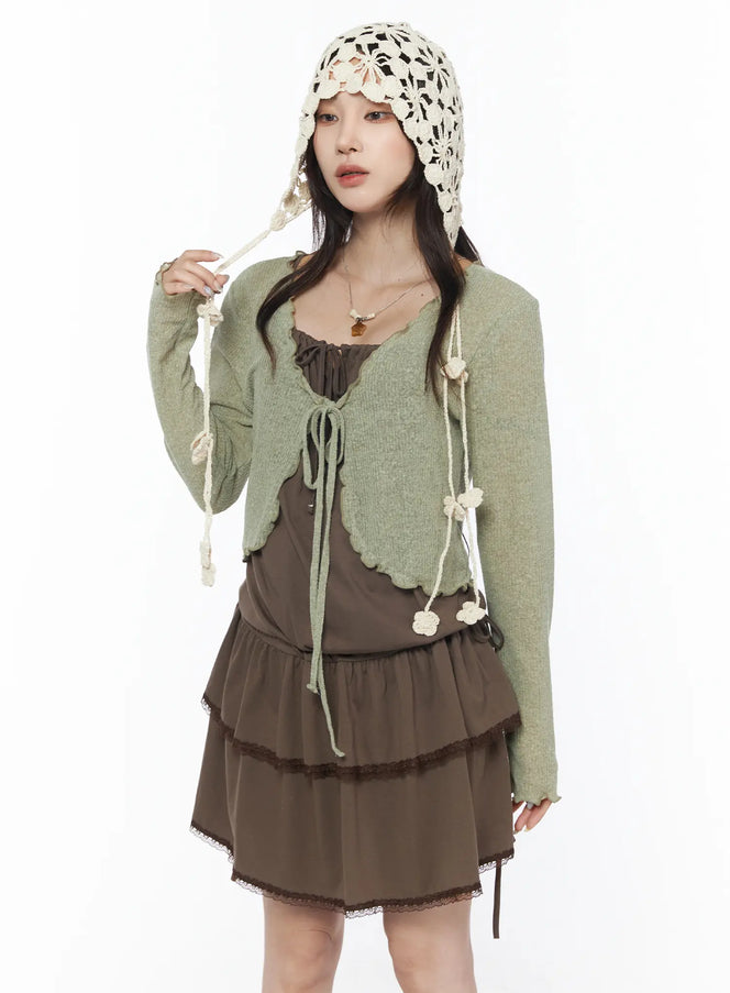 scallop-trim-tie-front-cardigan-cu504 / Dark green