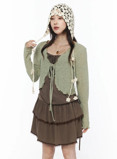 scallop-trim-tie-front-cardigan-cu504 / Dark green
