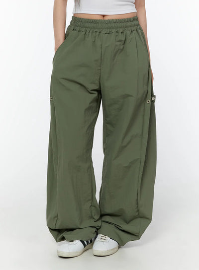 nylon-wide-leg-snap-pants-cy519 / Dark green