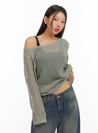 one-shoulder-see-through-knit-top-is402 / Dark green