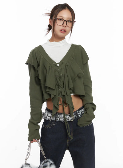 ruffle-v-neck-cardigan-cj512 / Dark green