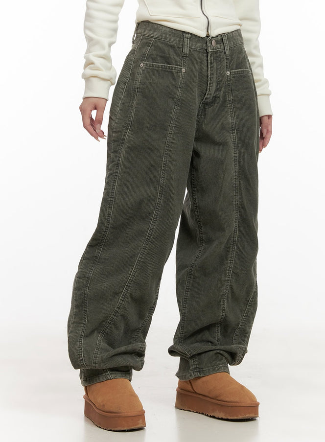 stitched-corduroy-wide-leg-pants-cd404 / Dark green