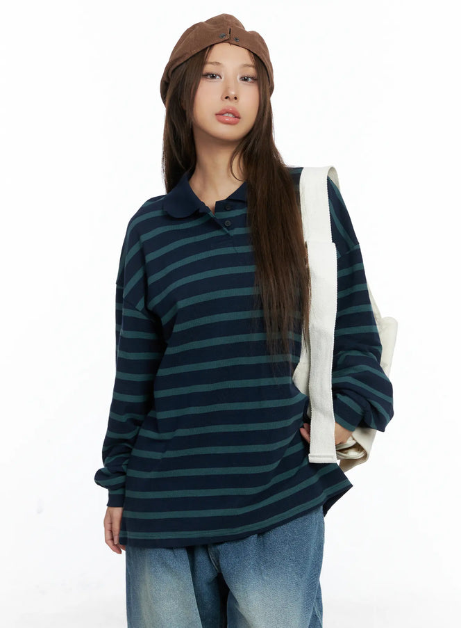 oversized-striped-collar-long-sleeve-tee-cs504 / Dark green