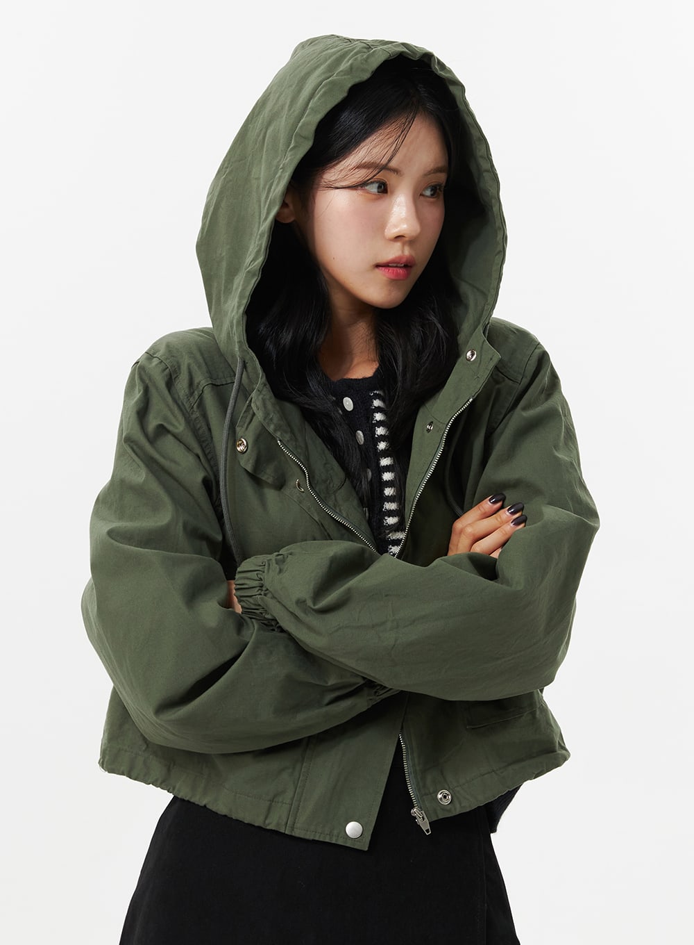 zip-hooded-crop-jacket-oo312 / Dark green