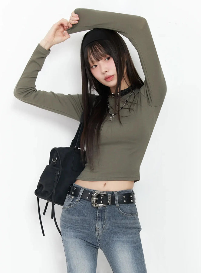 slim-fit-long-sleeve-crop-top-im523 / Dark green