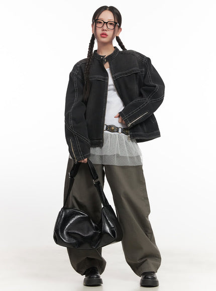 studded-wide-fit-cotton-pants-cf526 / Dark green