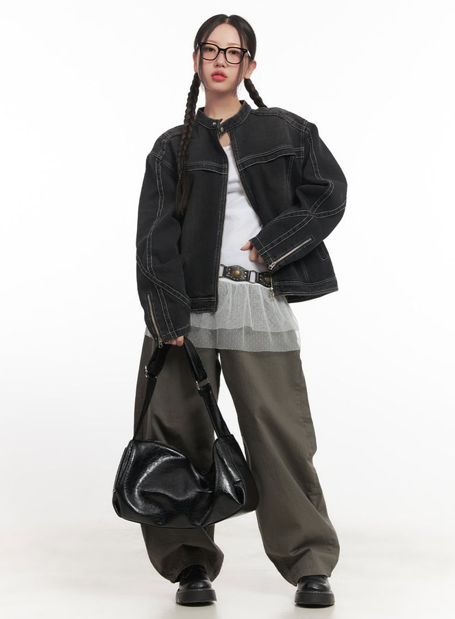 studded-wide-fit-cotton-pants-cf526 / Dark green