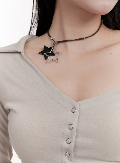 leather-strap-star-necklace-cj531 / Dark green