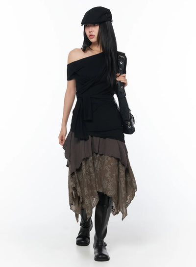 asymmetric-floral-midi-skirt-cy513 / Dark green
