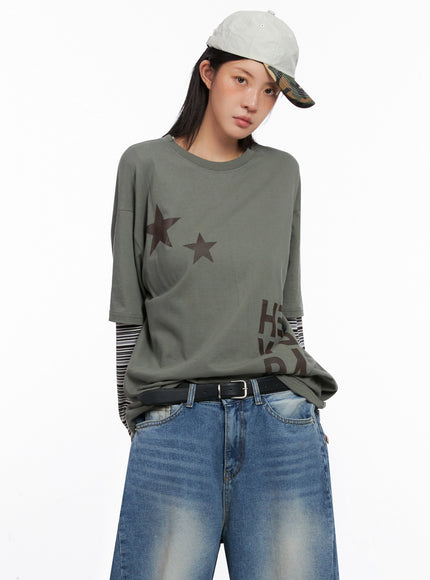layered-star-print-long-sleeve-tee-is515 / Dark green