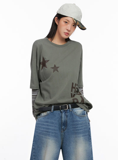 layered-star-print-long-sleeve-tee-is515 / Dark green