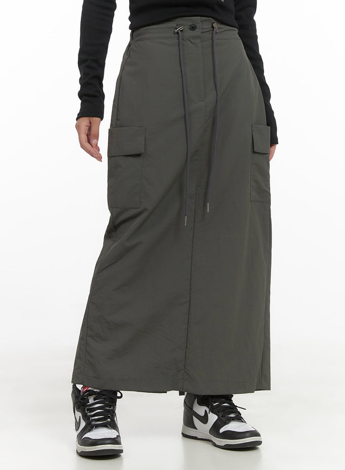 cargo-nylon-maxi-skirt-cs403 / Dark green