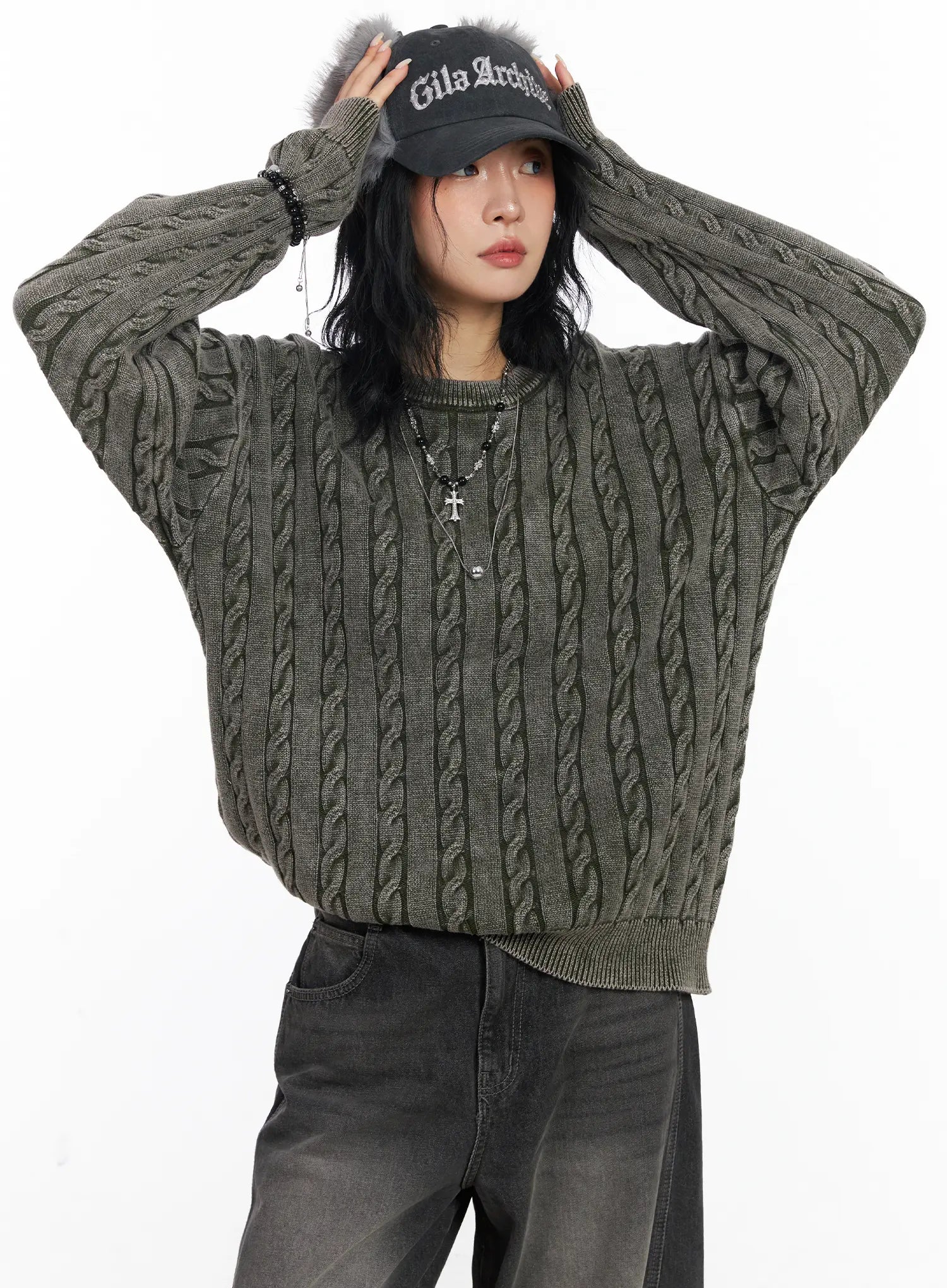 oversized-cable-knit-sweater-cj522 / Dark green