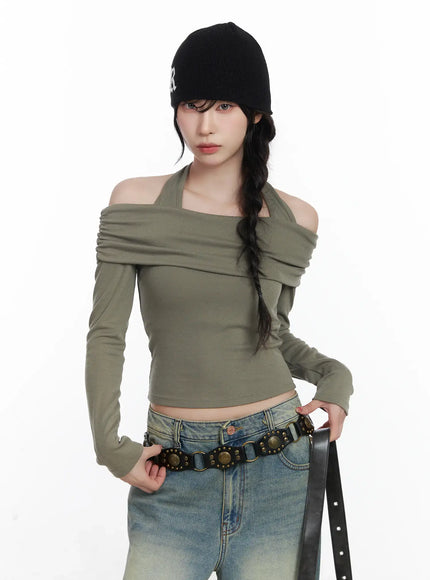 halter-shirred-off-shoulder-top-cj526 / Dark green